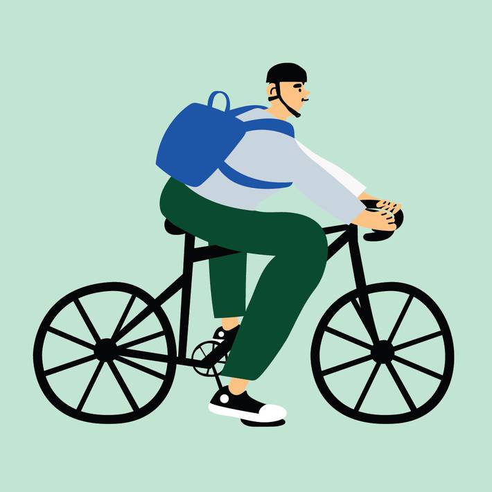 Kuvituskuvassa henkilö pyöräilee reppu selässä ja kypärä päässä mustalla polkupyörällä.